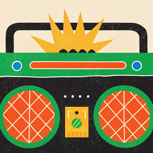 Vintage Boombox Illustration With Retro Design Elements And A Sunburst Effect On The Top Right Corner — Stock Illustration