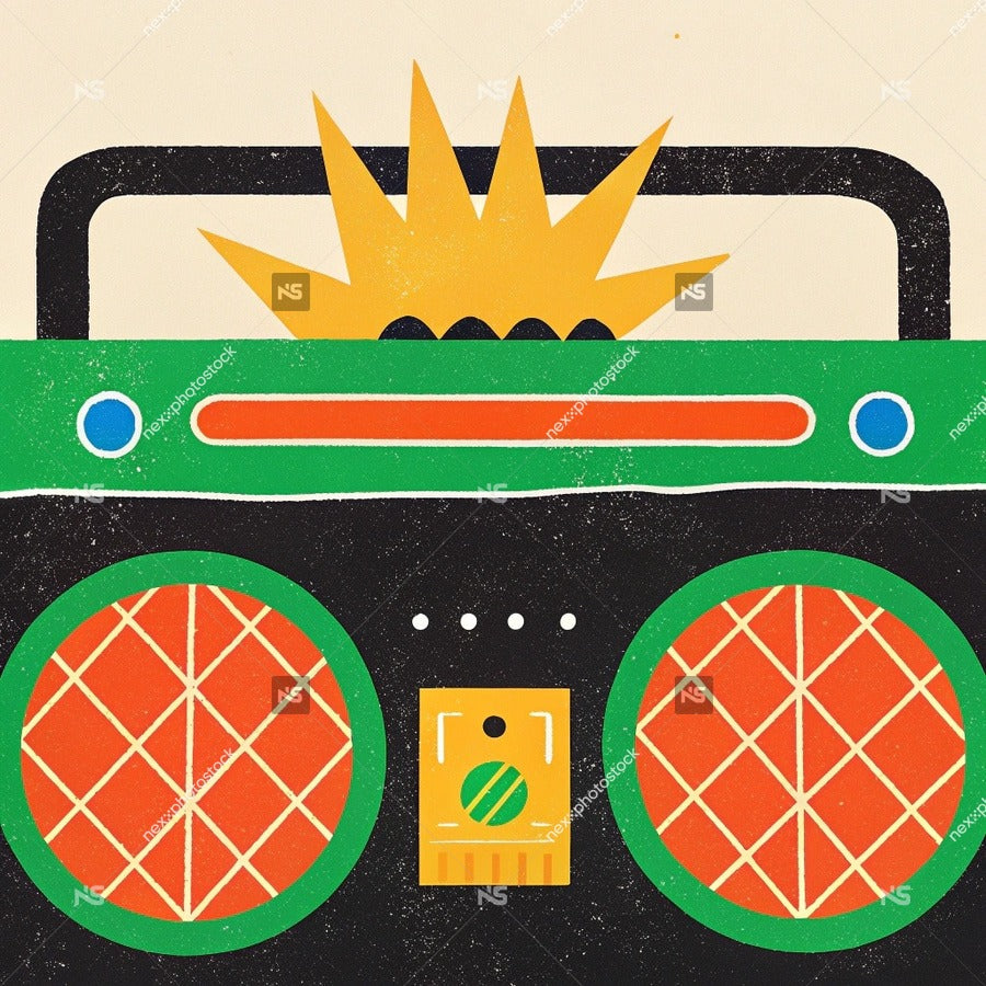 Vintage Boombox Illustration With Retro Design Elements And A Sunburst Effect On The Top Right Corner — Stock Illustration