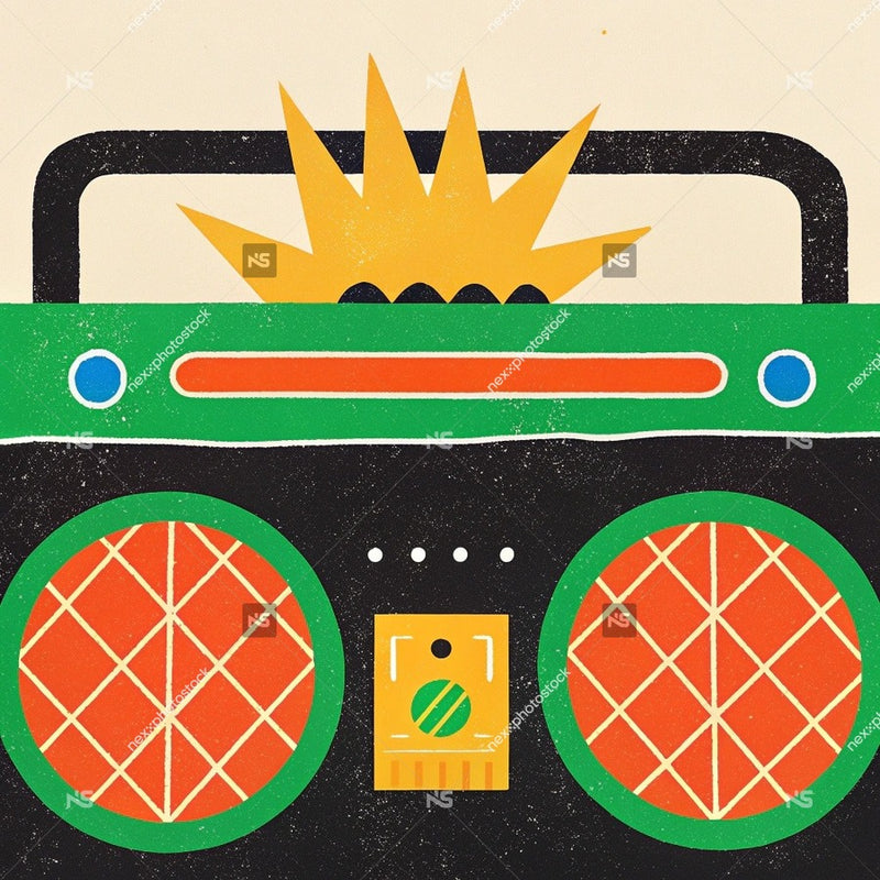 Vintage Boombox Illustration With Retro Design Elements And A Sunburst Effect On The Top Right Corner — Stock Illustration