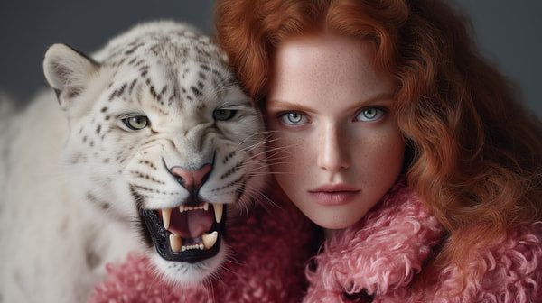 A Woman Poses With A Tiger In A Studio Setting Both Looking Directly At The Camera — Stock Photo