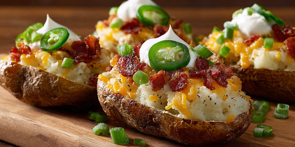 Baked Potato Skins Topped With Bacon And Sour Cream Garnished With Jalapenos And Chives — Stock Photo