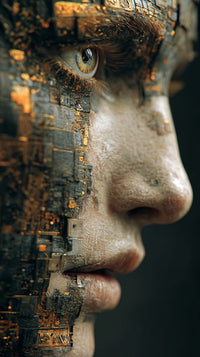 Digital Art Portrait Of A Person With A Futuristic Cyberpunk Aesthetic Intricate Digital Elements And A Cityscape Background — Stock Photo