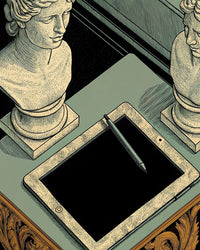 Ancient Tablet With Ink Showcasing A Writing Instrument Displayed On A Wooden Table — Stock Illustration