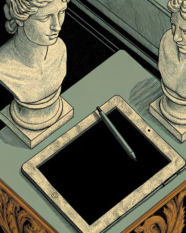 Ancient Tablet With Ink Showcasing A Writing Instrument Displayed On A Wooden Table — Stock Illustration