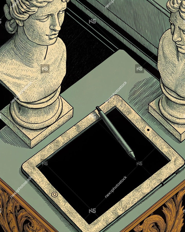 Ancient Tablet With Ink Showcasing A Writing Instrument Displayed On A Wooden Table — Stock Illustration