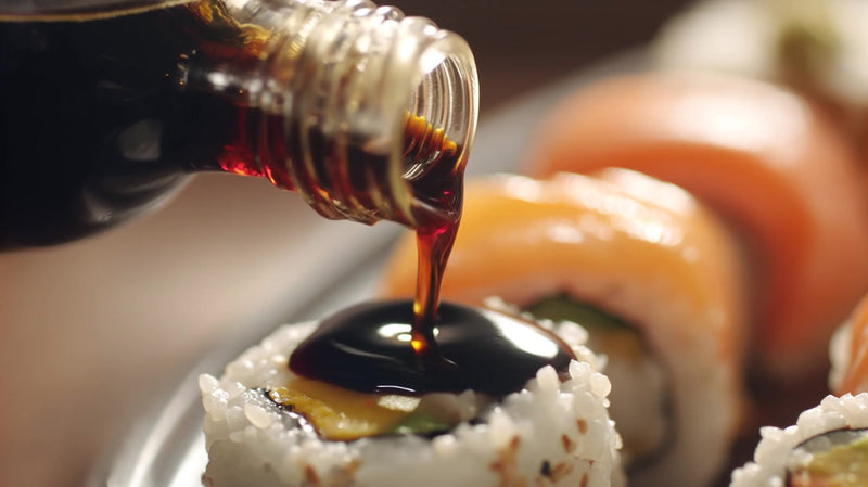 a close up image of a sushi dipping sauce being poured from a bottle onto a plate of sushi - Stock Video