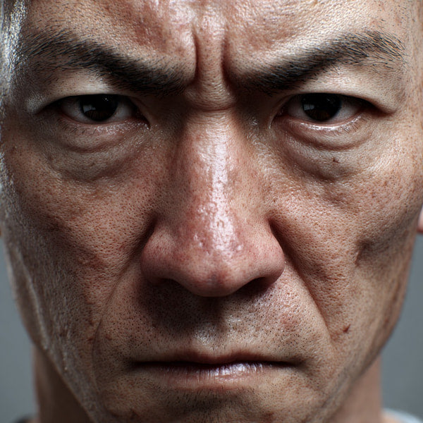 A Close Up Portrait Of A Man With An Intense Expression Captured In A Studio Setting With A Neutral Background — Stock Photo