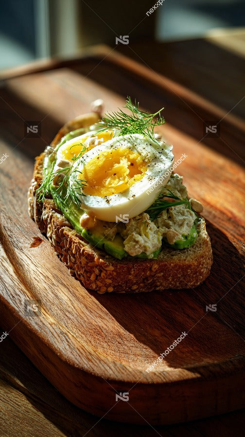 A Slice Of Bread Topped With An Egg Salad Sandwich Garnished With Dill And Served On A Wooden Cutting Board — Stock Photo