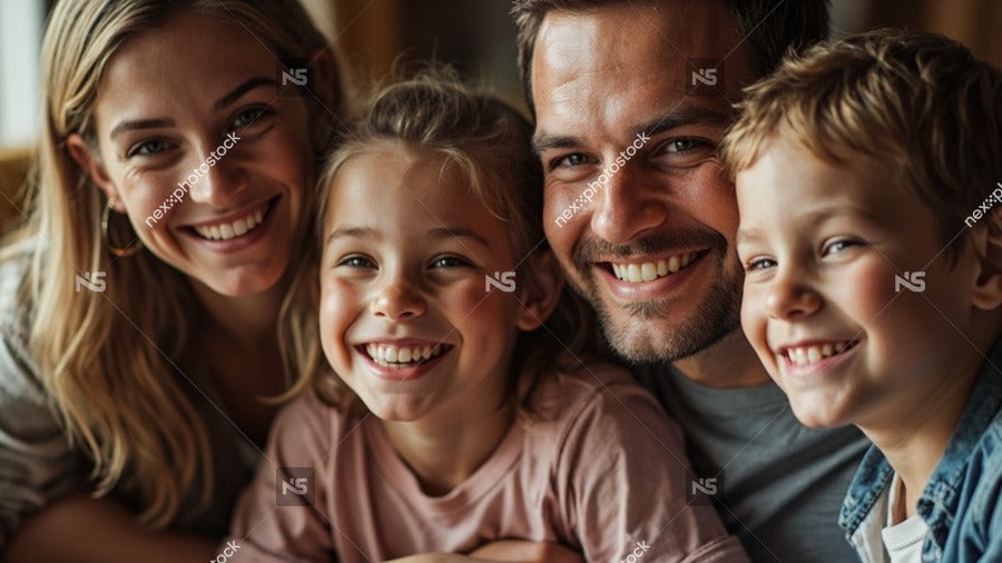 A Family Of Four Posing For A Portrait With A Man And Woman Smiling At The Camera Their Two Children Also Smiling — Stock Photo