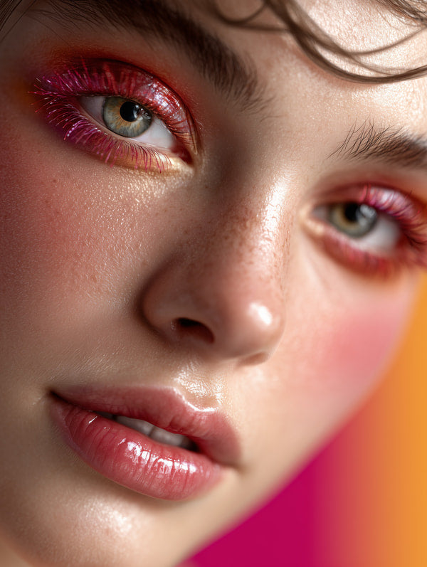 A Close Up Portrait Of A Person With Striking Makeup Vibrant Colors And Glittery Accents — Stock Photo