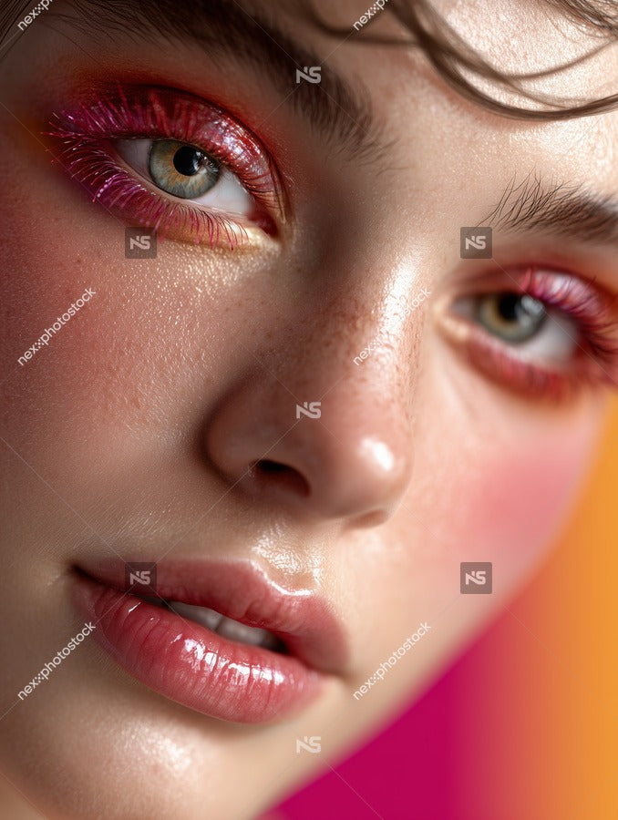A Close Up Portrait Of A Person With Striking Makeup Vibrant Colors And Glittery Accents — Stock Photo