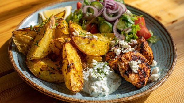 A Plate Of Grilled Chicken French Fries And A Salad On A Wooden Table — Stock Photo