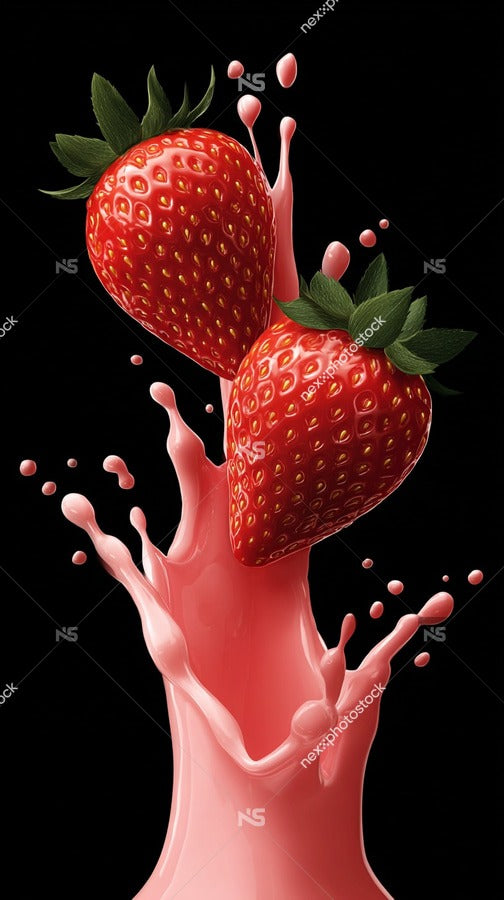 Pink Strawberries With White Splashes Of Milk Set Against A Black Background — Stock Photo
