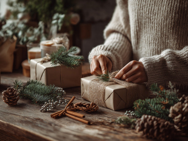 A Person Wrapping A Christmas Gift In Front Of A Festive Setting Surrounded By Holiday Decorations And Wrapped Presents — Stock Photo
