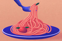 A Plate Of Spaghetti With Tomato Sauce Garnished With A Basil Leaf And A Cherry Tomato On A Dining Table — Stock Illustration