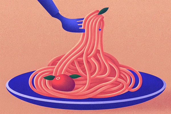 A Plate Of Spaghetti With Tomato Sauce Garnished With A Basil Leaf And A Cherry Tomato On A Dining Table — Stock Illustration