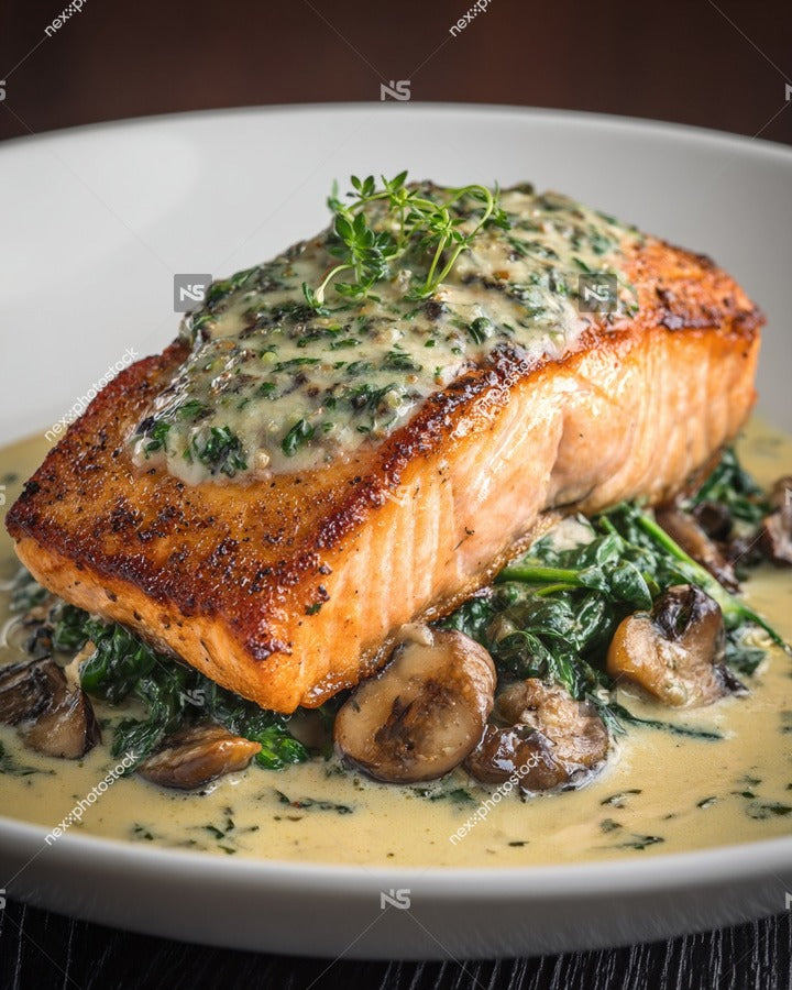 A White Plate Topped With Salmon And Spinach Sauce Presented In A Restaurant Setting — Stock Photo