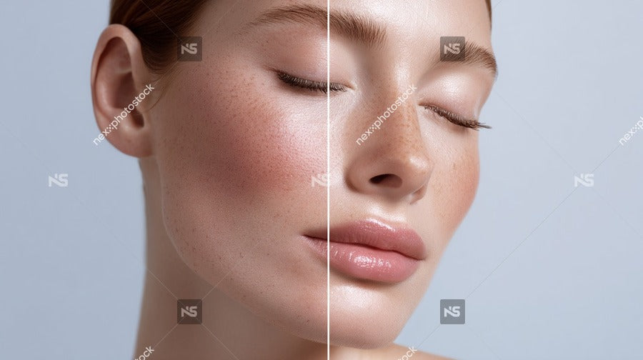 A Woman S Face With A Close Up View Of Her Eyes And Nose Showcasing Her Serene Skin Care Routine — Stock Photo