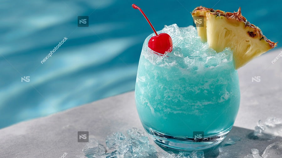 A Refreshing Blue Hawaiian Cocktail Garnished With A Pineapple Slice Served In A Glass On A Poolside Table — Stock Photo