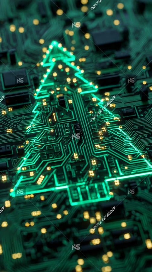 A Circuit Board With A Green Christmas Tree Design Surrounded By Small Yellow Lights — Stock Photo