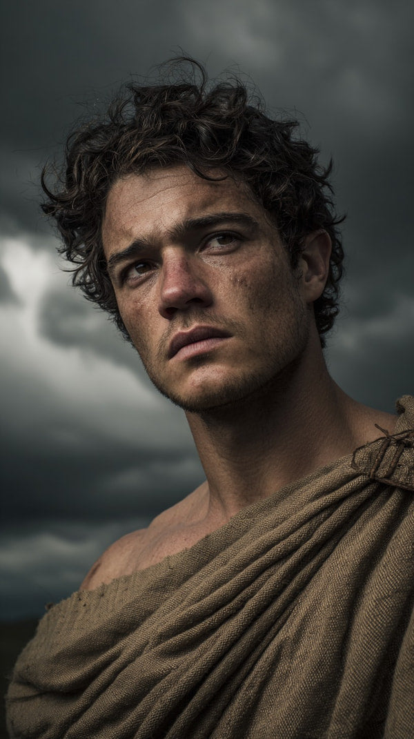Actor In Costume As A Roman Soldier Posing For A Portrait With A Serious Expression Against A Sky Background — Stock Photo
