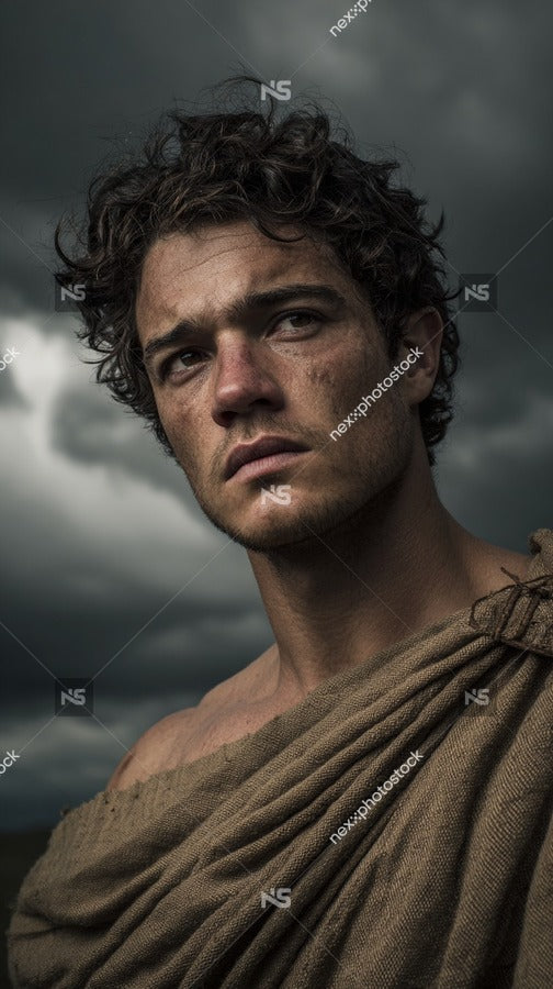Actor In Costume As A Roman Soldier Posing For A Portrait With A Serious Expression Against A Sky Background — Stock Photo