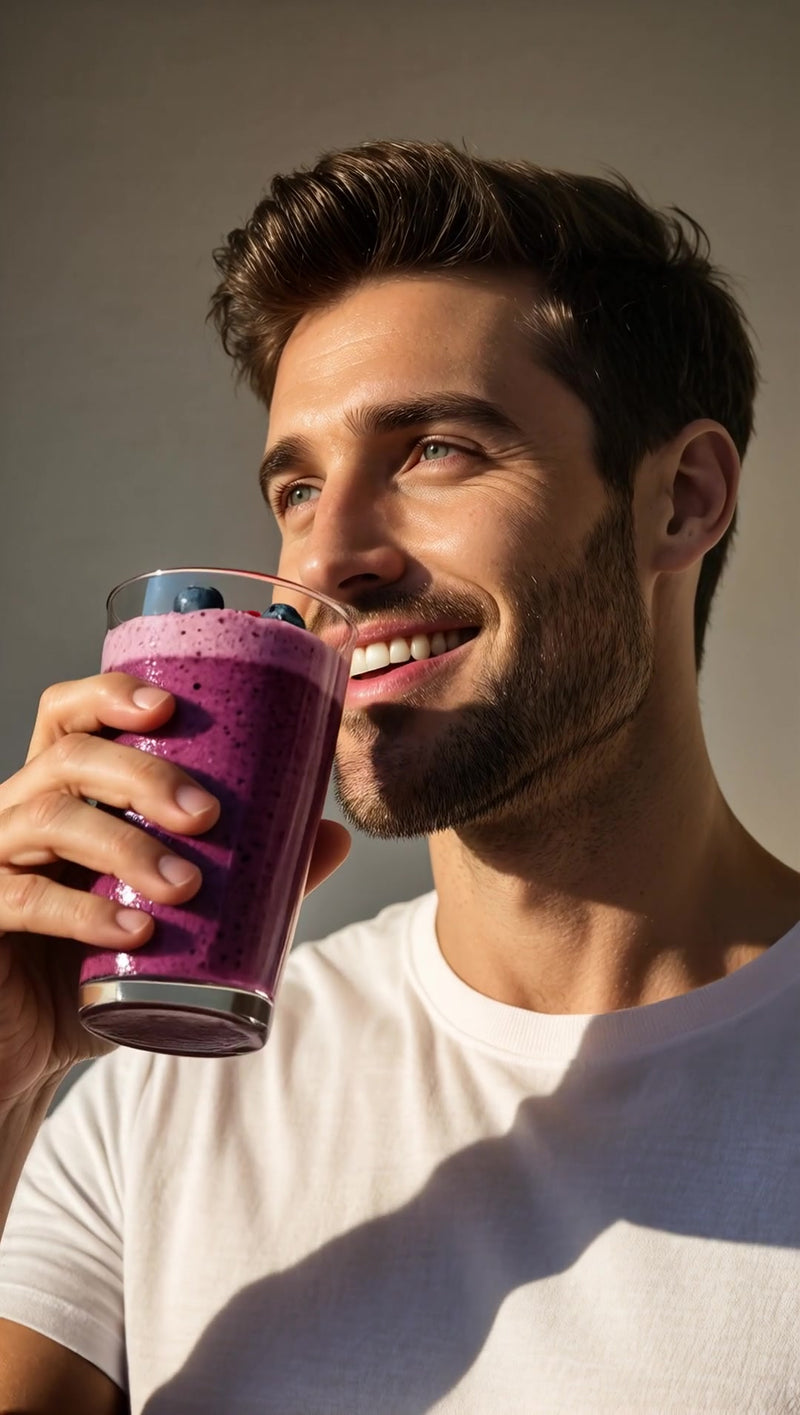 a man holding a glass of berry smoothie smiling and looking directly at the camera - Stock Video