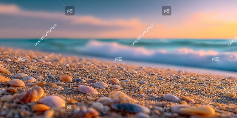 Aerial View Of A Beach At Sunset With Shells Scattered Across The Sandy Shore — Stock Photo