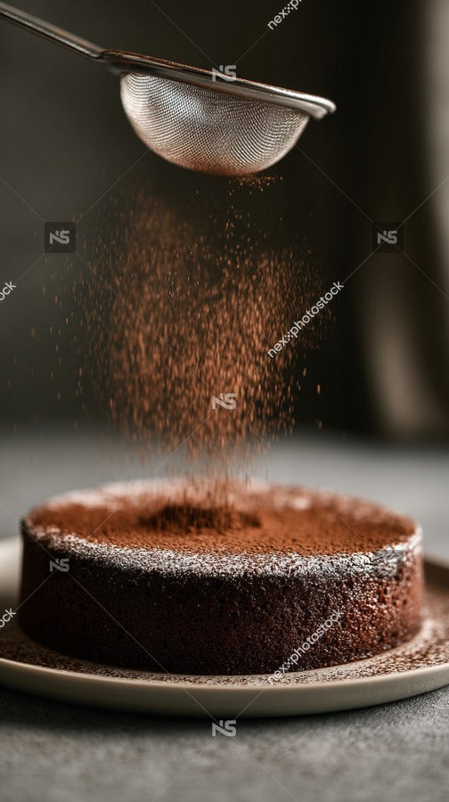 A Chocolate Cake With Powdered Sugar Being Sprinkled On Top Placed On A Plate And Set Against A Blurred Background — Stock Photo