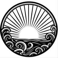 Black And White Illustration Of A Sunset Over The Ocean With Waves And Rays Two Designs — Stock Vector