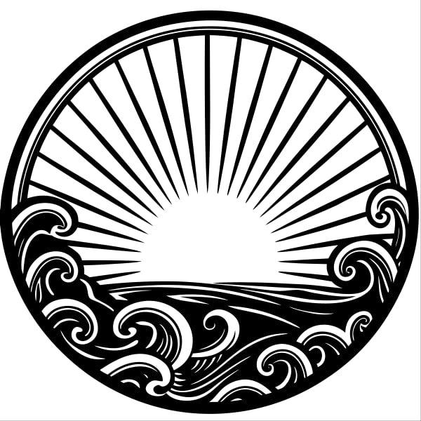 Black And White Illustration Of A Sunset Over The Ocean With Waves And Rays Two Designs — Stock Vector