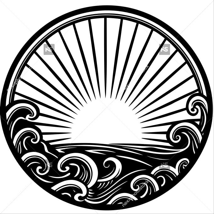 Black And White Illustration Of A Sunset Over The Ocean With Waves And Rays Two Designs — Stock Vector