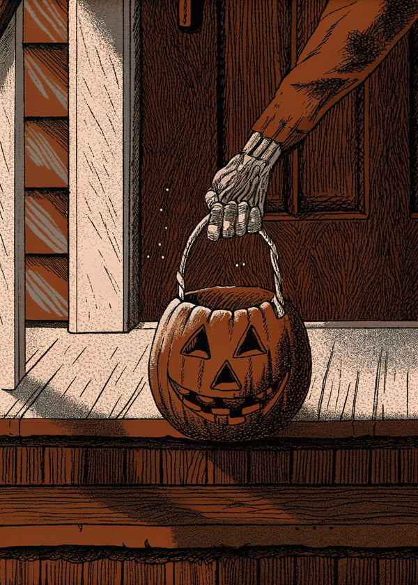 A Halloween Jack O Lantern Sits On A Porch Step Ready To Be Lit And Displayed For Trick Treaters — Stock Illustration