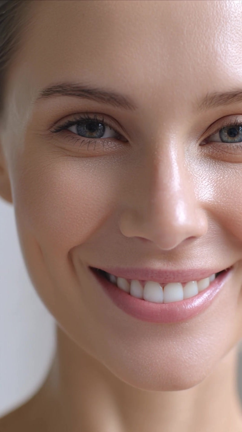 a close up of a woman s smiling face showcasing her radiant smile and clear skin - Stock Video