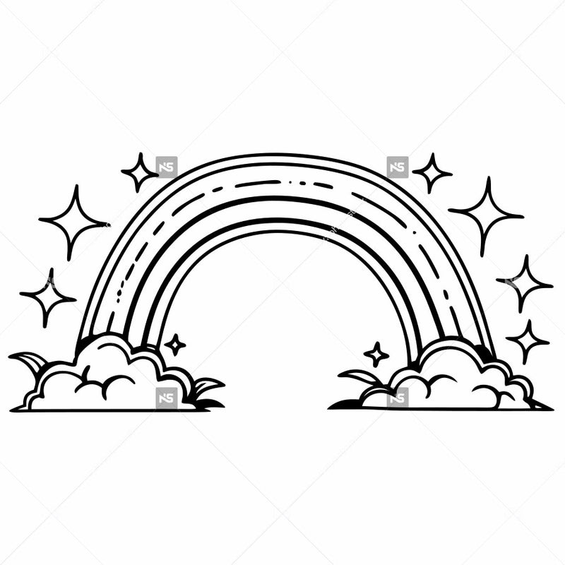 A Black And White Illustration Of A Rainbow With Clouds A Vibrant Arc Of Colors Against A Stark Background — Stock Vector