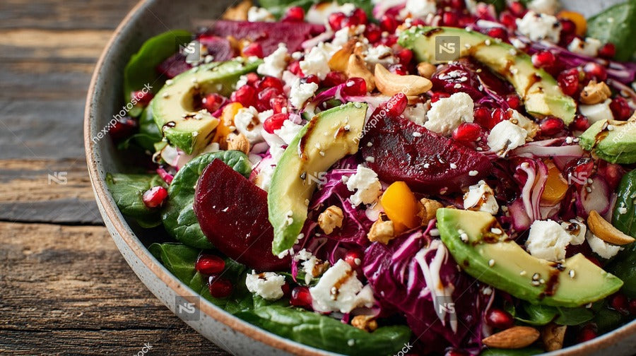A Vibrant Salad Served In A Bowl Topped With Pomegranate Seeds And Garnished With Nuts — Stock Photo