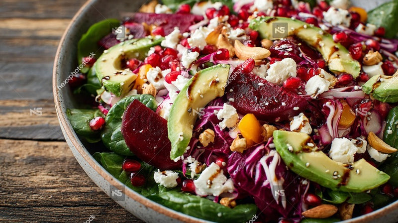 A Vibrant Salad Served In A Bowl Topped With Pomegranate Seeds And Garnished With Nuts — Stock Photo