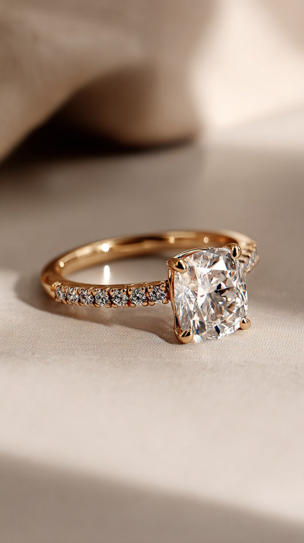 A Gold Diamond Engagement Ring With A Halo Setting Prominently Displayed On A White Surface — Stock Photo