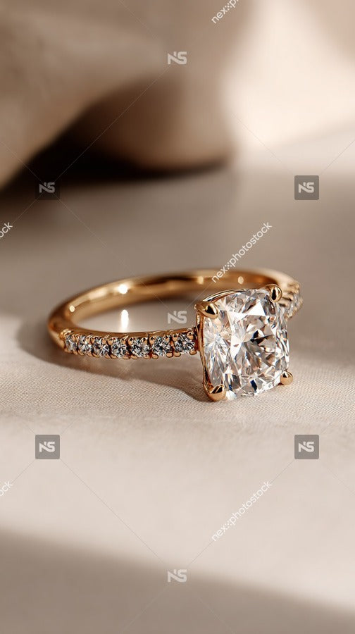 A Gold Diamond Engagement Ring With A Halo Setting Prominently Displayed On A White Surface — Stock Photo