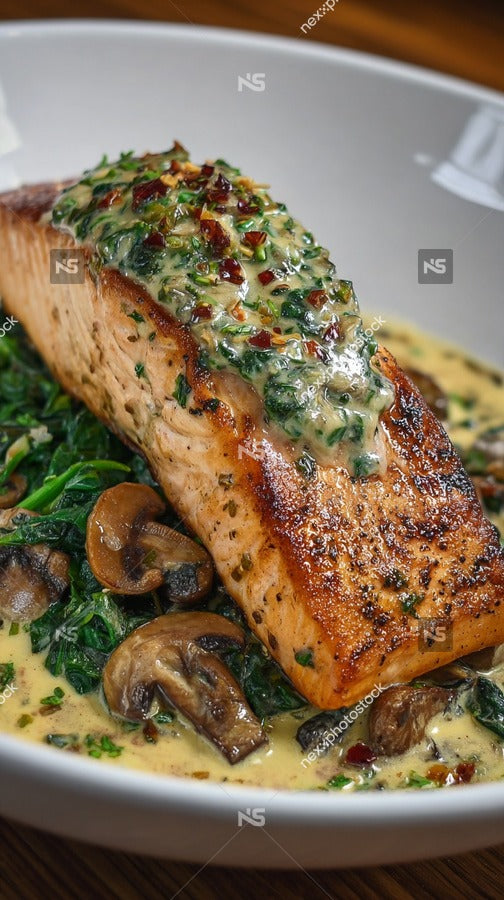 A Plate Of Salmon Topped With Spinach And Dill Sauce Served On A White Plate 2 — Stock Photo
