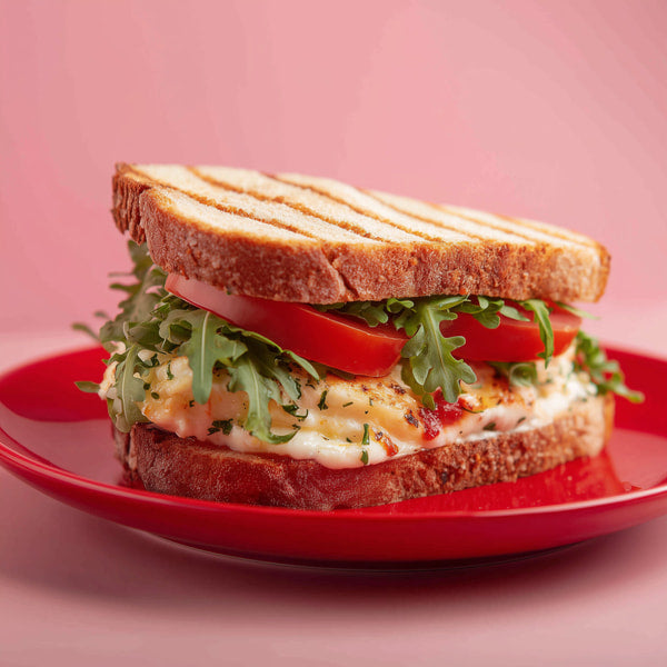 Grilled Chicken Sandwich With Tomato And Basil On A Red Plate Served On A White Surface — Stock Photo