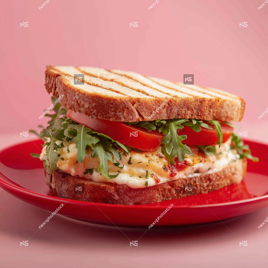 Grilled Chicken Sandwich With Tomato And Basil On A Red Plate Served On A White Surface — Stock Photo