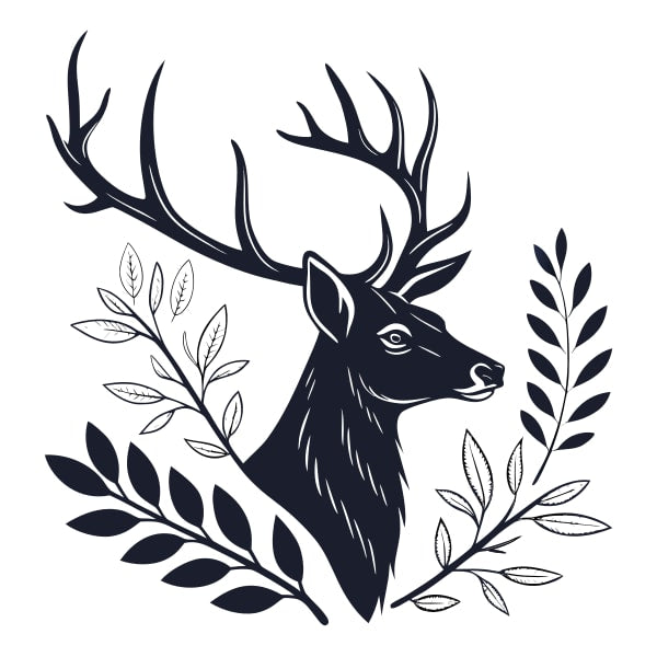 Black And White Illustration Of A Deer S Head With Antlers Surrounded By Laurel Leaves — Stock Vector