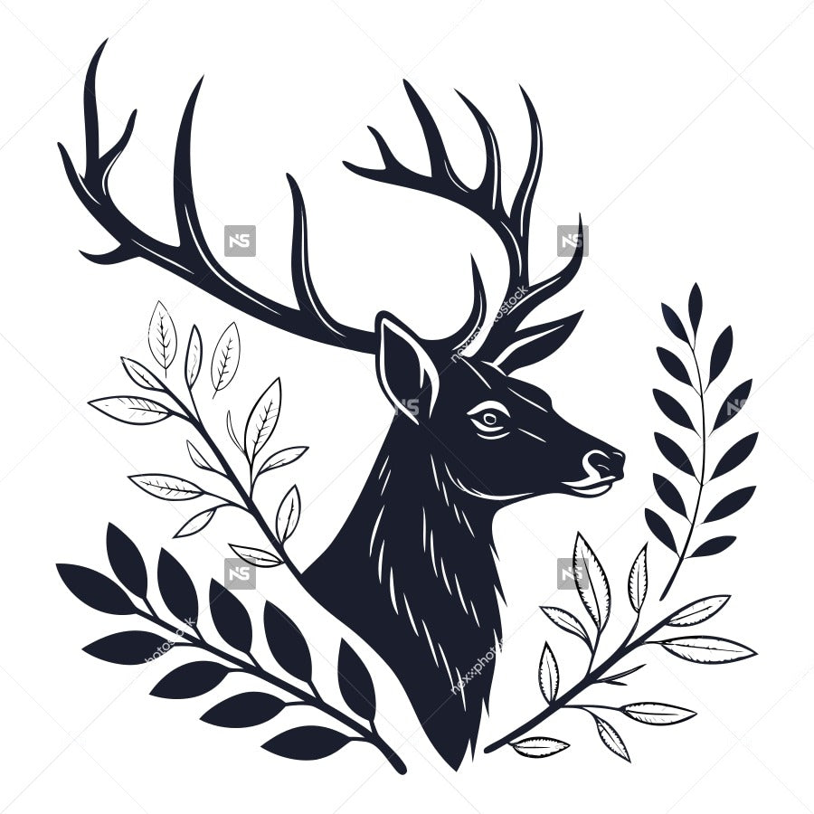 Black And White Illustration Of A Deer S Head With Antlers Surrounded By Laurel Leaves — Stock Vector