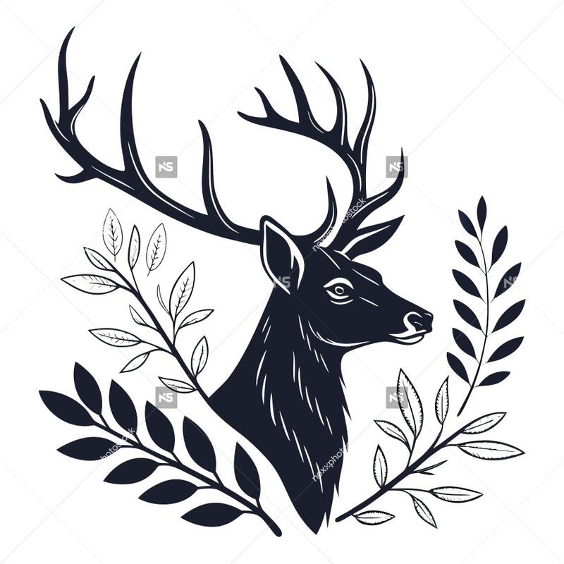 Black And White Illustration Of A Deer S Head With Antlers Surrounded By Laurel Leaves — Stock Vector
