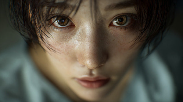 Woman S Face In Close Up Looking Directly At Camera With Soft Lighting And A Neutral Background — Stock Photo