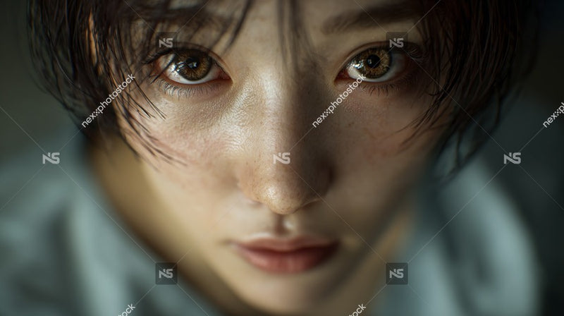 Woman S Face In Close Up Looking Directly At Camera With Soft Lighting And A Neutral Background — Stock Photo