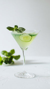 Displays A Martini Glass Filled With A Green Cocktail Garnished With A Slice Of Cucumber And A Sprig Of Mint — Stock Photo