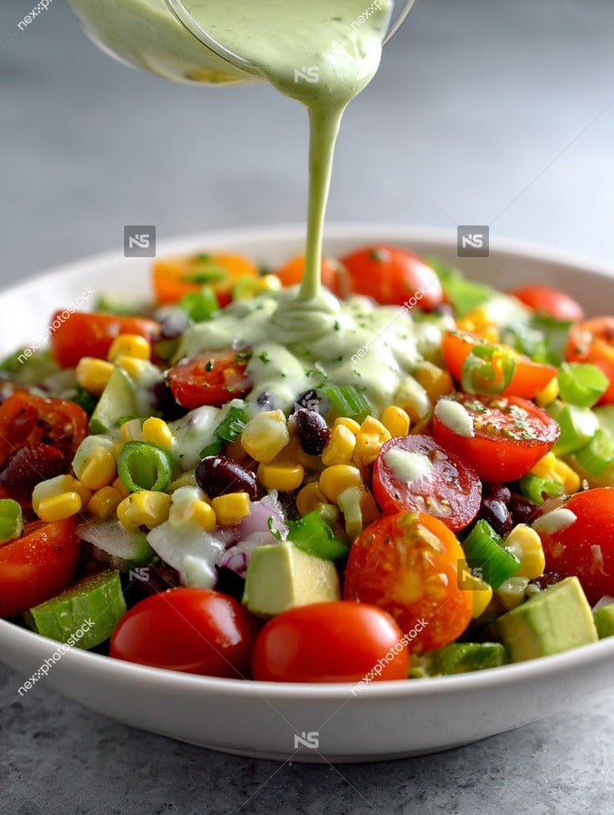 A Bowl Of Creamy Greek Salad With A Drizzle Of Dressing On Top Served On A Table — Stock Photo