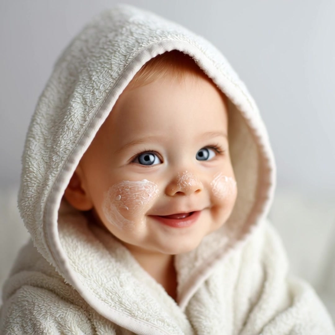 a baby with rosy cheeks wearing a white hoodie - Stock Video
